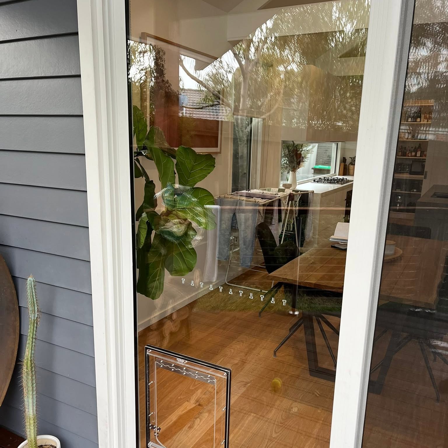 A pet door fitted into a sliding glass door on a grey weatherboard house